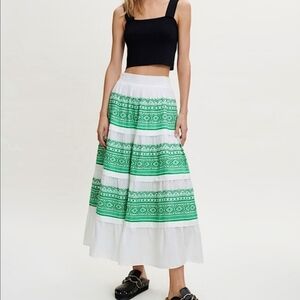 Maje Jolipana Embroidered Maxi Skirt Green White Tiered 38 M Medium